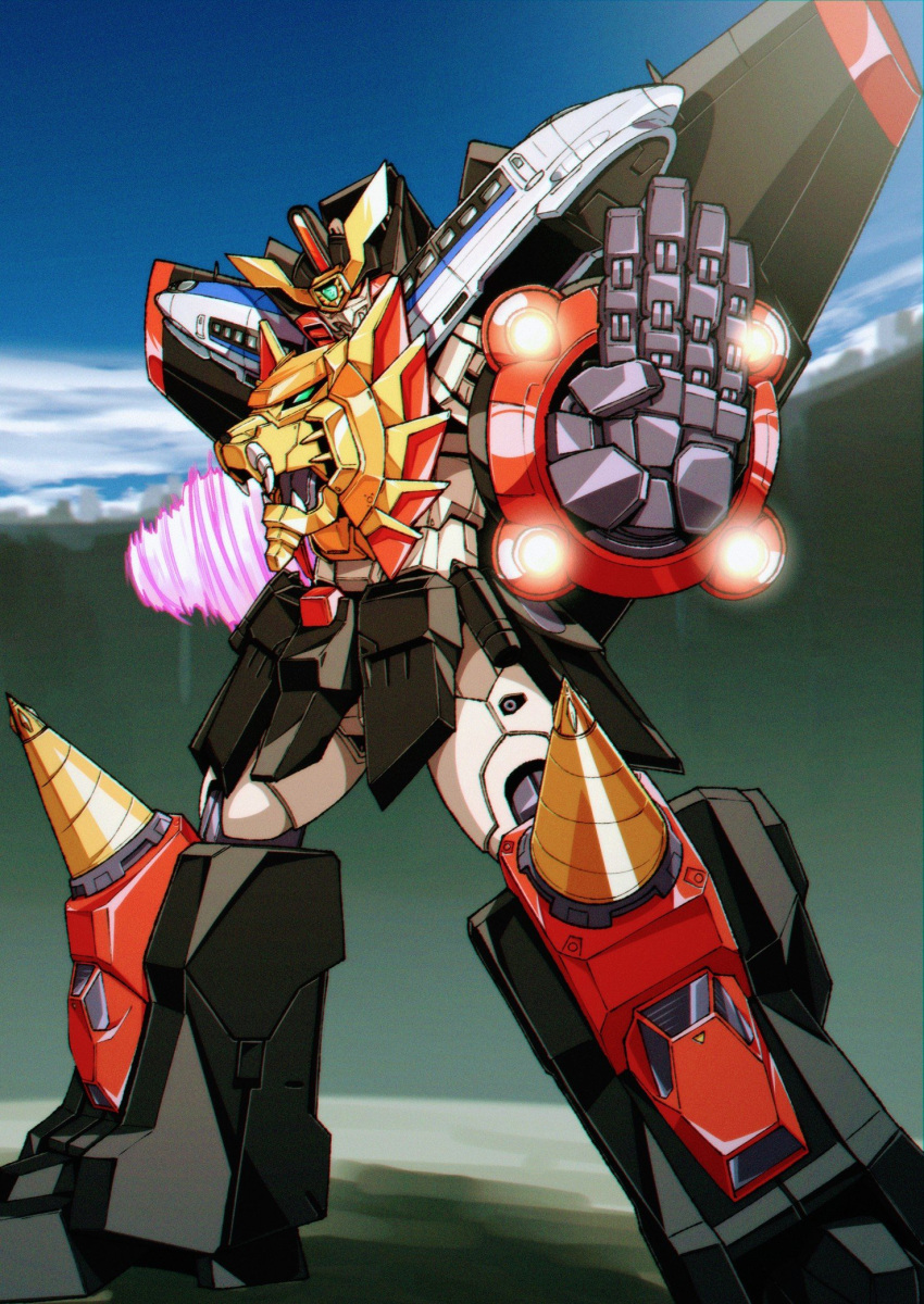 drill, fighting_stance, gaogaigar, highres, looking_at_viewer, mecha, no_humans, open_hand