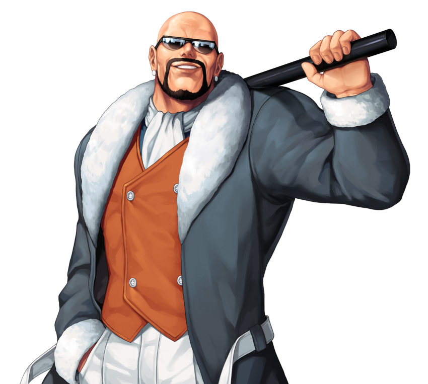 1boy, bald, beard, black-framed_eyewear, brown_vest, coat, commentary_request, cowboy_shot