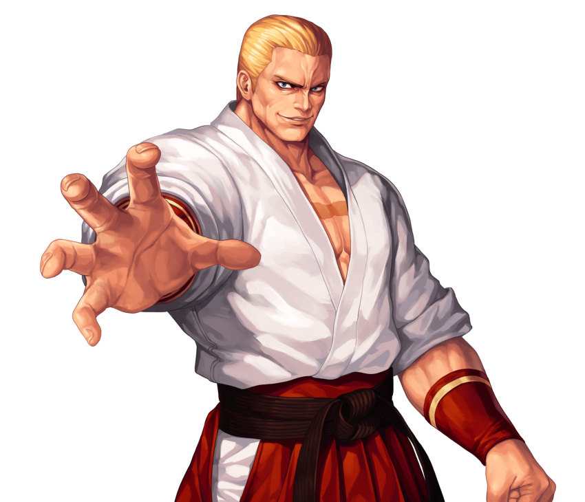 1boy, arm_at_side, blonde_hair, blue_eyes, collarbone, commentary_request, cowboy_shot, dougi, evilgun, fatal_fury, fingernails, geese_howard, hakama, highres, japanese_clothes, looking_at_viewer, male_cleavage, male_focus, outstretched_arm, parted_lips, pectorals, red_hakama, short_hair, simple_background, smile, smirk, solo, standing, the_king_of_fighters, the_king_of_fighters_'96, white_background
