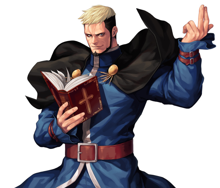 1boy, beard, belt, bible, black_capelet, black_hair, blonde_hair, book