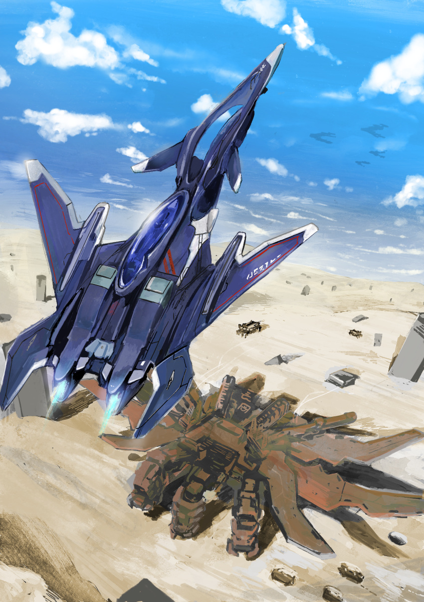 absurdres, aircraft, airplane, armored_core, armored_core:_for_answer, clouds, desert, ffr-41mr
