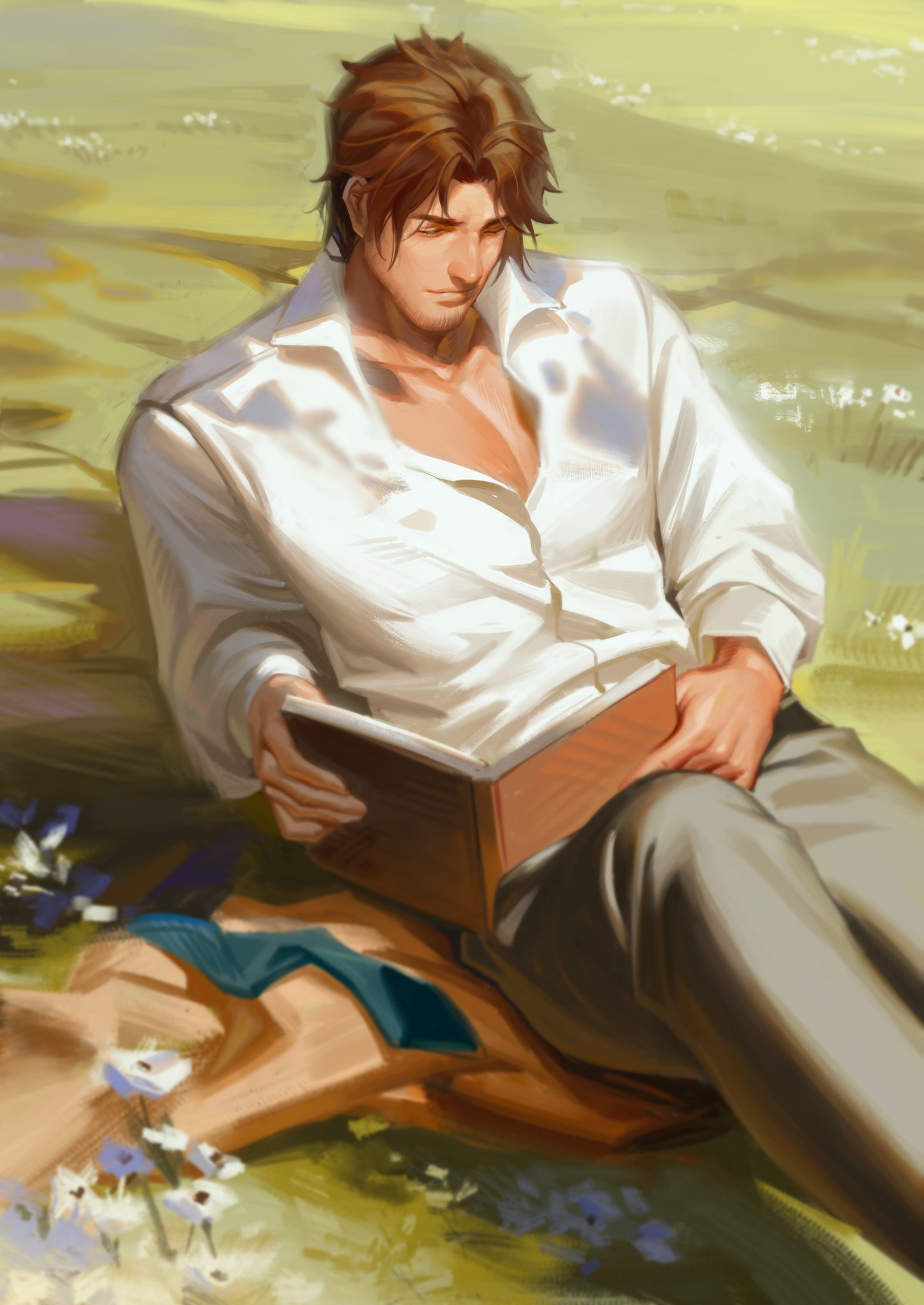 1boy, belmond_banderas, black_pants, blue_flower, book, brown_hair, closed_eyes, closed_mouth