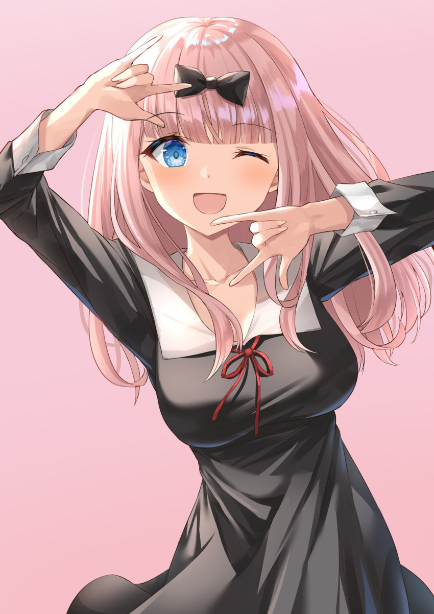 1girl, ;d, \m/, black_dress, blue_eyes, bow, dress, fujiwara_chika