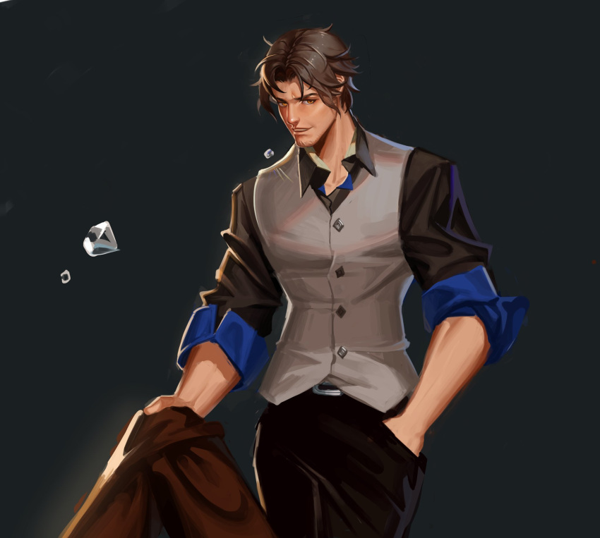 1boy, bangs, belmond_banderas, black_pants, black_shirt, brown_eyes, brown_hair, brown_jacket