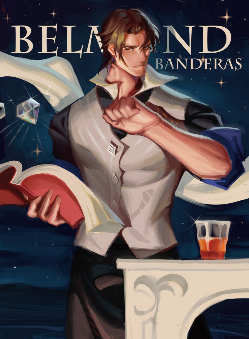 1boy, apron, bangs, belmond_banderas, black_apron, black_shirt, book, brown_eyes