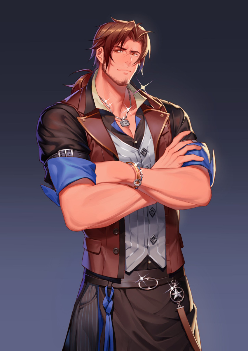 1boy, apron, bangle, bangs, belmond_banderas, belt, belt_buckle, black_apron