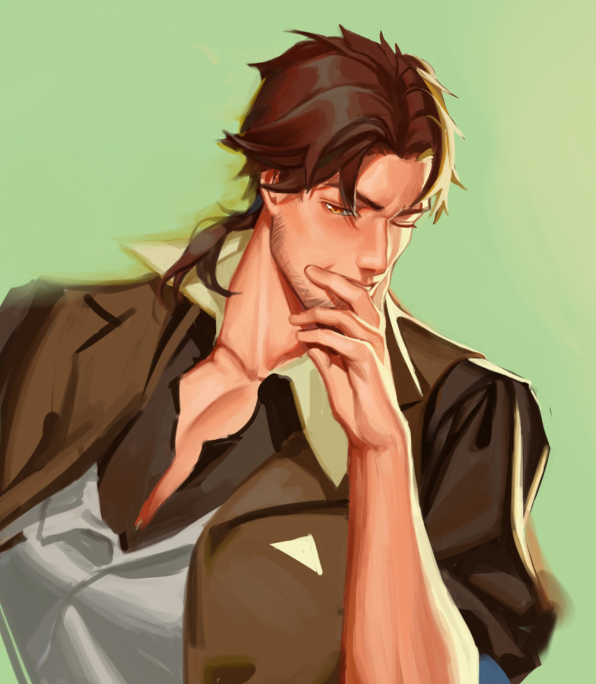 1boy, bangs, belmond_banderas, black_shirt, brown_eyes, brown_hair, brown_vest, collarbone, collared_shirt, commentary_request, facial_hair, forehead, green_background, grey_vest, hand_up, henrryxv, highres, long_hair, low_ponytail, male_focus, nijisanji, one_eye_closed, parted_bangs, ponytail, shirt, short_sleeves, solo, stubble, thick_eyebrows, upper_body, vest, virtual_youtuber