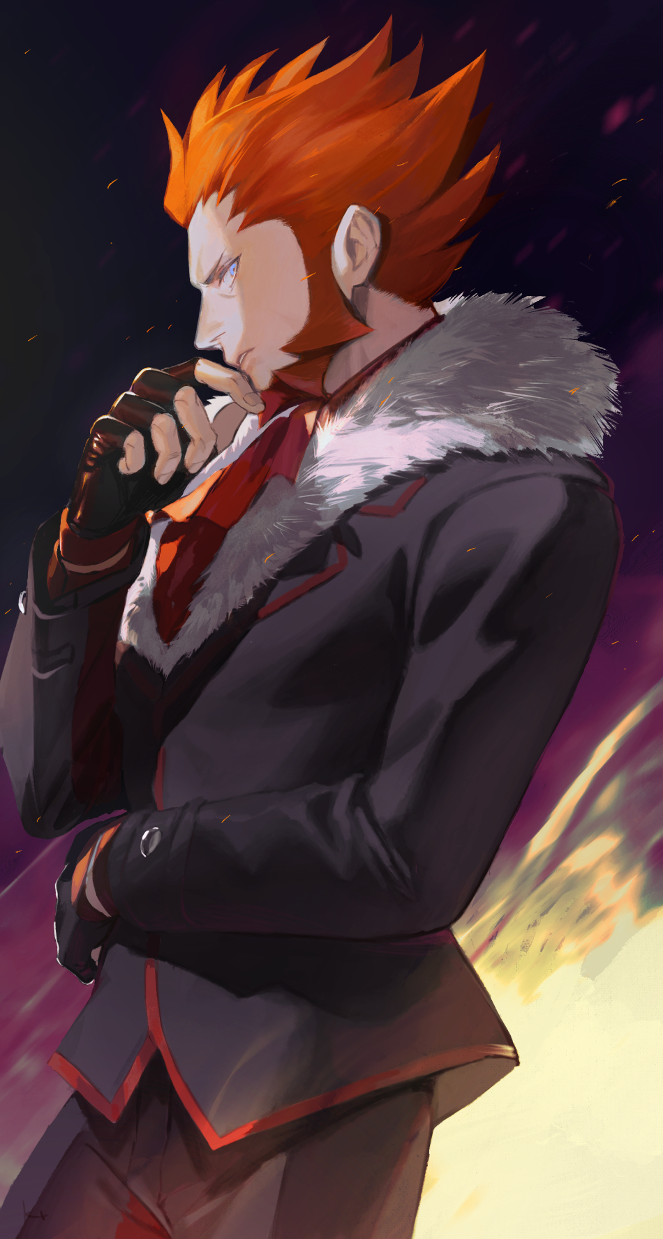 1boy, black_jacket, black_pants, facial_hair, fingerless_gloves, from_side, fur-trimmed_jacket, fur_trim