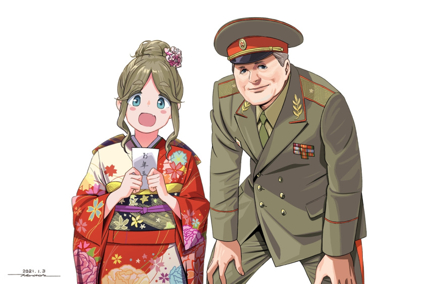 1boy, 1girl, :d, aqua_eyes, artist_name, blush_stickers, brown_headwear, brown_jacket