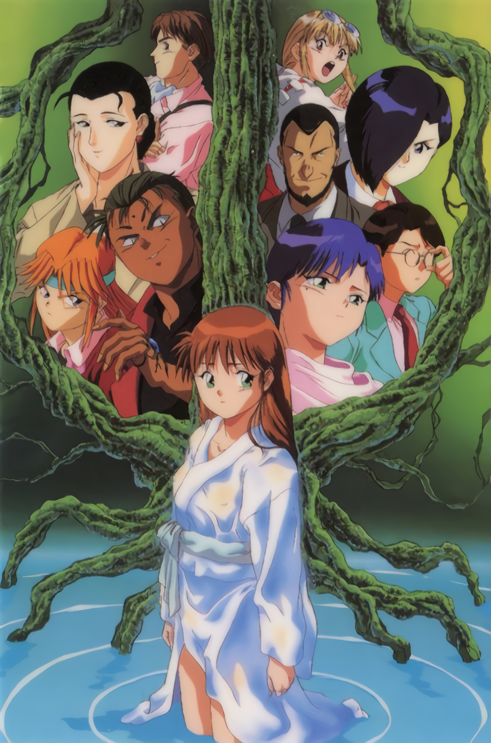 1990s_(style), 4boys, 6+girls, adjusting_eyewear, beard, black_eyes, black_hair, blonde_hair