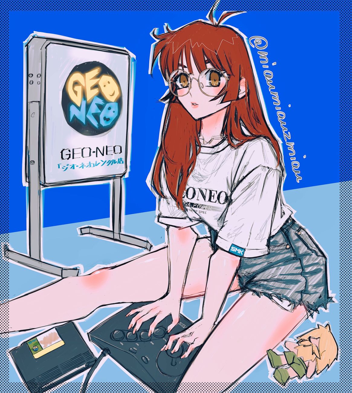 1girl, antenna_hair, arms_between_legs, bangs, between_legs, blue_shorts, brown_eyes, brown_hair