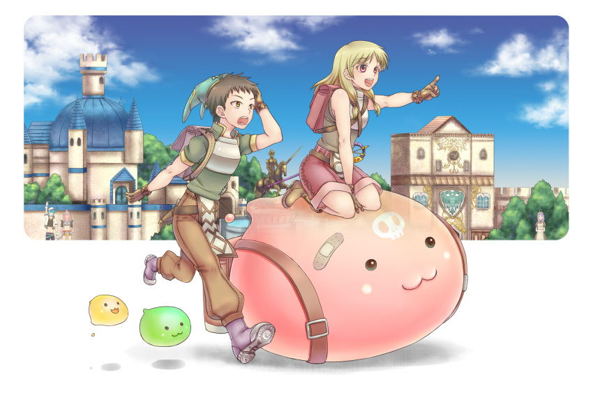 2boys, 3girls, :3, apron, armor, backpack, bag, bandaid