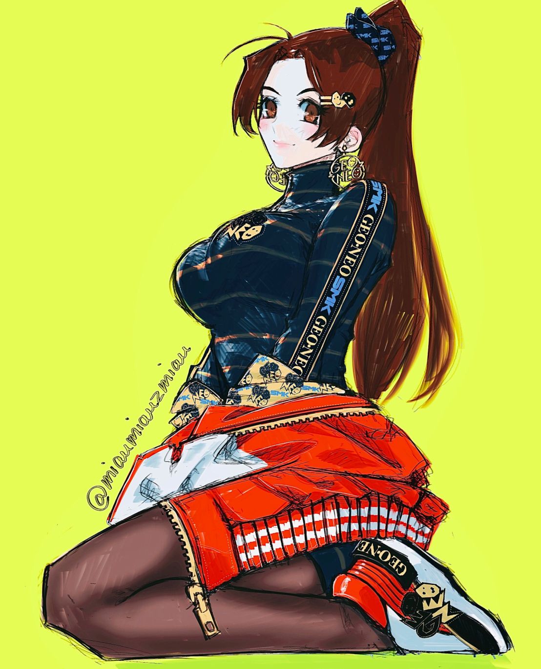 1girl, antenna_hair, blue_sweater, breasts, brown_eyes, brown_hair, brown_legwear, closed_mouth