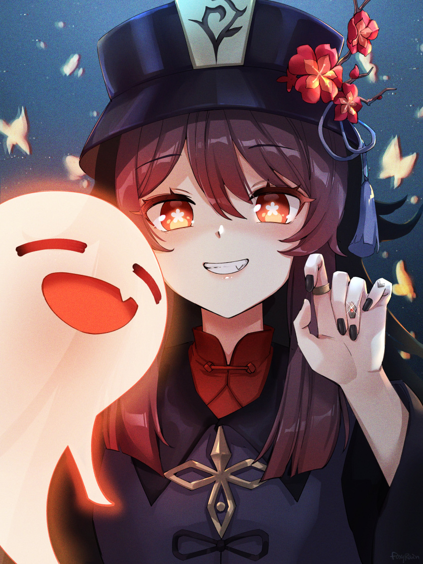 1girl, absurdres, black_headwear, black_nails, brown_hair, chinese_clothes, fang, flower, flower-shaped_pupils, foxyrain, genshin_impact, ghost, gradient_hair, grin, hand_up, hat, hat_flower, highres, hu_tao, jewelry, long_hair, looking_at_viewer, multicolored_hair, nail_polish, plum_blossoms, red_eyes, ring, smile, solo, upper_body