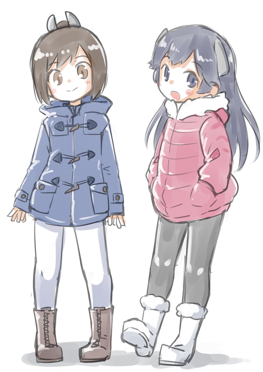 2girls, alternate_costume, black_eyes, black_hair, black_pants, blue_coat, boots, brown_eyes