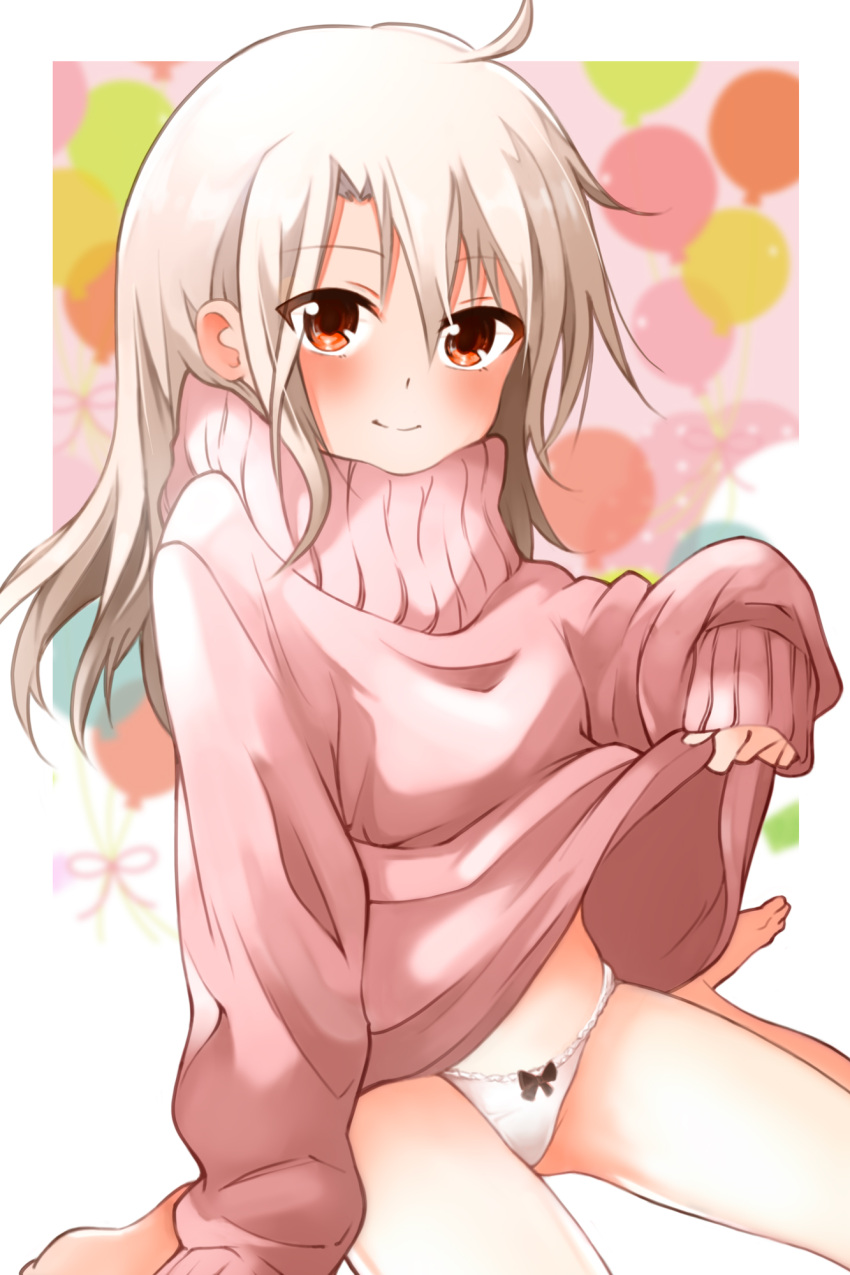 1girl, bangs, blush, breasts, fate/kaleid_liner_prisma_illya, fate_(series), hair_between_eyes, highres, illyasviel_von_einzbern, long_hair, long_sleeves, looking_at_viewer, mochi_(k620803n), panties, pink_sweater, red_eyes, sidelocks, sitting, small_breasts, smile, sweater, thighs, turtleneck, turtleneck_sweater, underwear, white_hair, white_panties