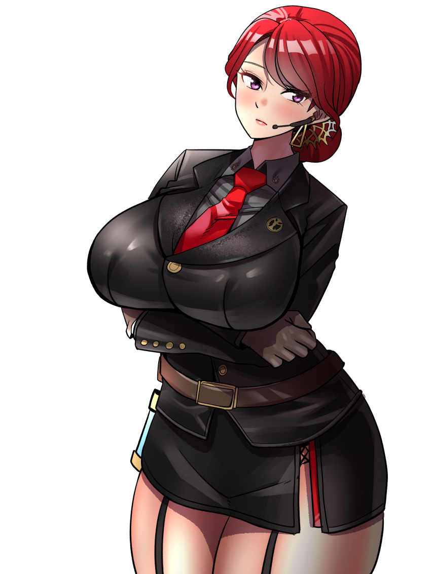 1girl, absurdres, baekbaekbaek, blush, breasts, c-77_hongryeon, crossed_arms, curvy, garter_straps, gloves, hair_bun, headset, highres, huge_breasts, last_origin, looking_at_viewer, miniskirt, necktie, redhead, side_slit, simple_background, skirt, solo, violet_eyes, white_background