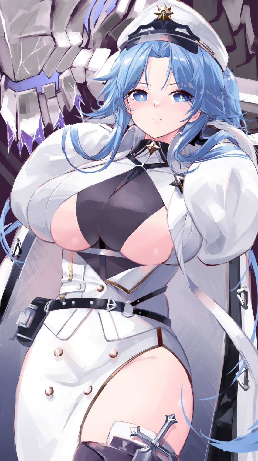 1girl, absurdres, azur_lane, bangs, belt, belt_pouch, between_breasts, black_belt