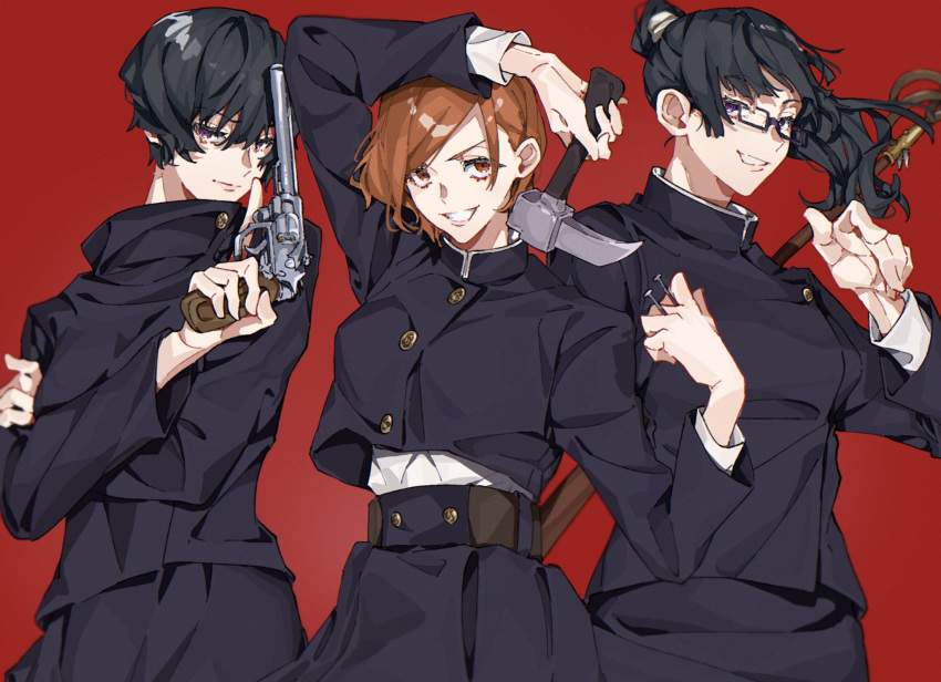 3girls, arm_up, bangs, black_hair, black_jacket, black_skirt, brown_eyes, brown_hair, cowboy_shot, crossed_arms, gakuran, glasses, grin, gun, hair_between_eyes, hammer, high_collar, high_ponytail, highres, holding, holding_gun, holding_hammer, holding_polearm, holding_weapon, ipopopo_ipoppo, jacket, jujutsu_kaisen, kugisaki_nobara, long_hair, long_sleeves, looking_at_viewer, multiple_girls, nail, polearm, red_background, revolver, school_uniform, short_hair, simple_background, skirt, smile, standing, swept_bangs, trigger_discipline, violet_eyes, weapon, zenin_mai, zenin_maki