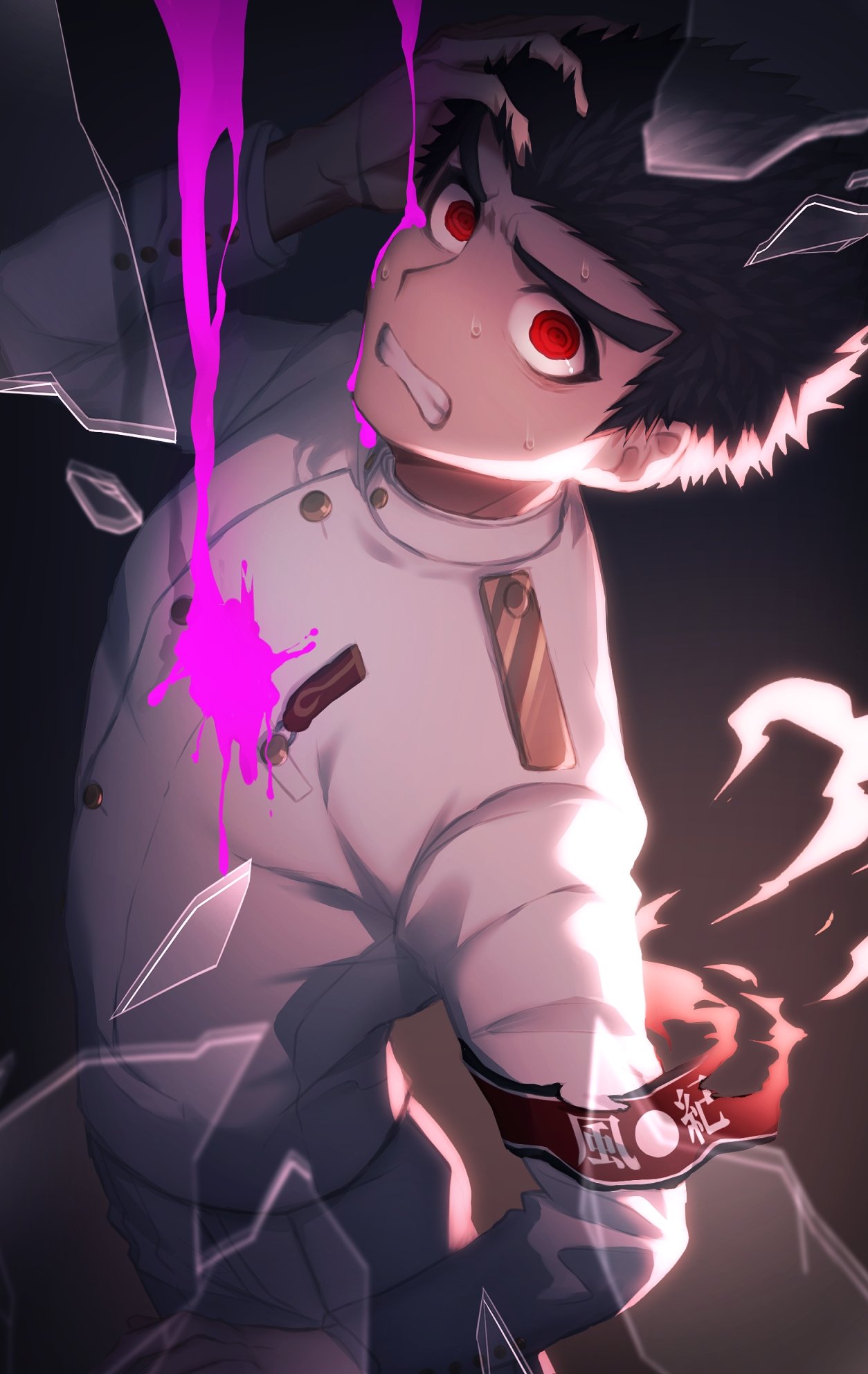 1boy, armband, black_hair, blood, blood_on_face, bloody_clothes, broken_glass, clenched_teeth