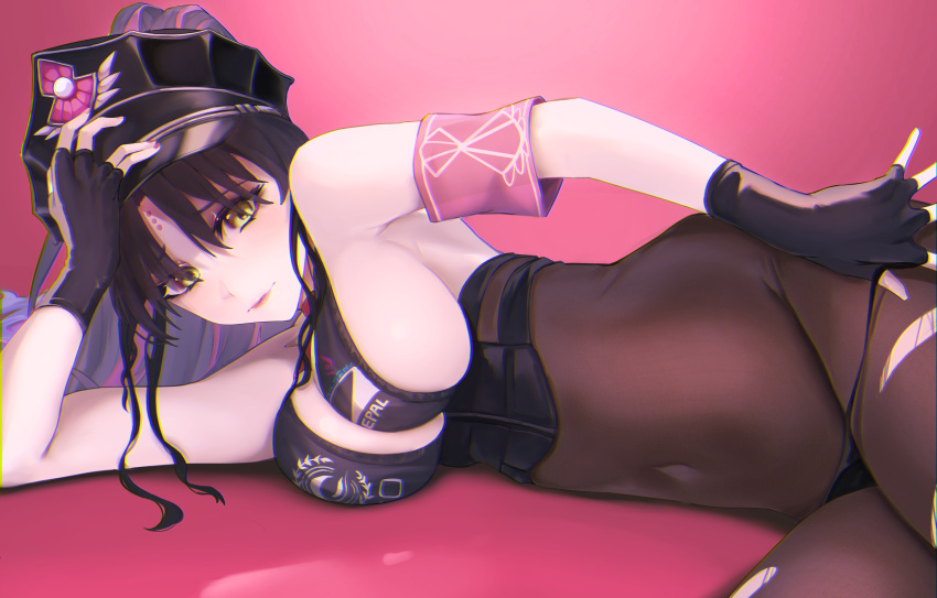 absurdres, arm_support, armband, black_hair, black_legwear, breasts, covered_navel, fate/grand_order