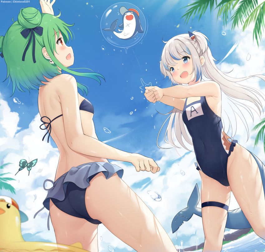 2girls, :d, arm_up, ass, bangs, bare_arms, bare_shoulders, bikini