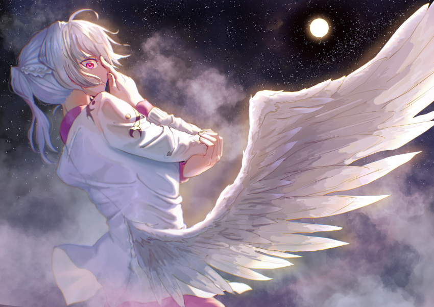 1girl, absurdres, ahoge, arm_rest, bangs, behind_another, beige_jacket, blurry, braid, clouds, cowboy_shot, depth_of_field, dress, feathered_wings, finger_on_forehead, fingernails, french_braid, from_side, gradient_hair, grey_wings, highres, holding_own_arm, kishin_sagume, long_sleeves, looking_at_viewer, looking_to_the_side, luan_ib, moon, moonlight, multicolored_hair, night, night_sky, pink_eyes, ponytail, purple_dress, reflective_eyes, shiny, shiny_hair, short_hair, silver_hair, single_wing, sky, solo, star_(sky), starry_sky, touhou, white_hair, white_wings, wings