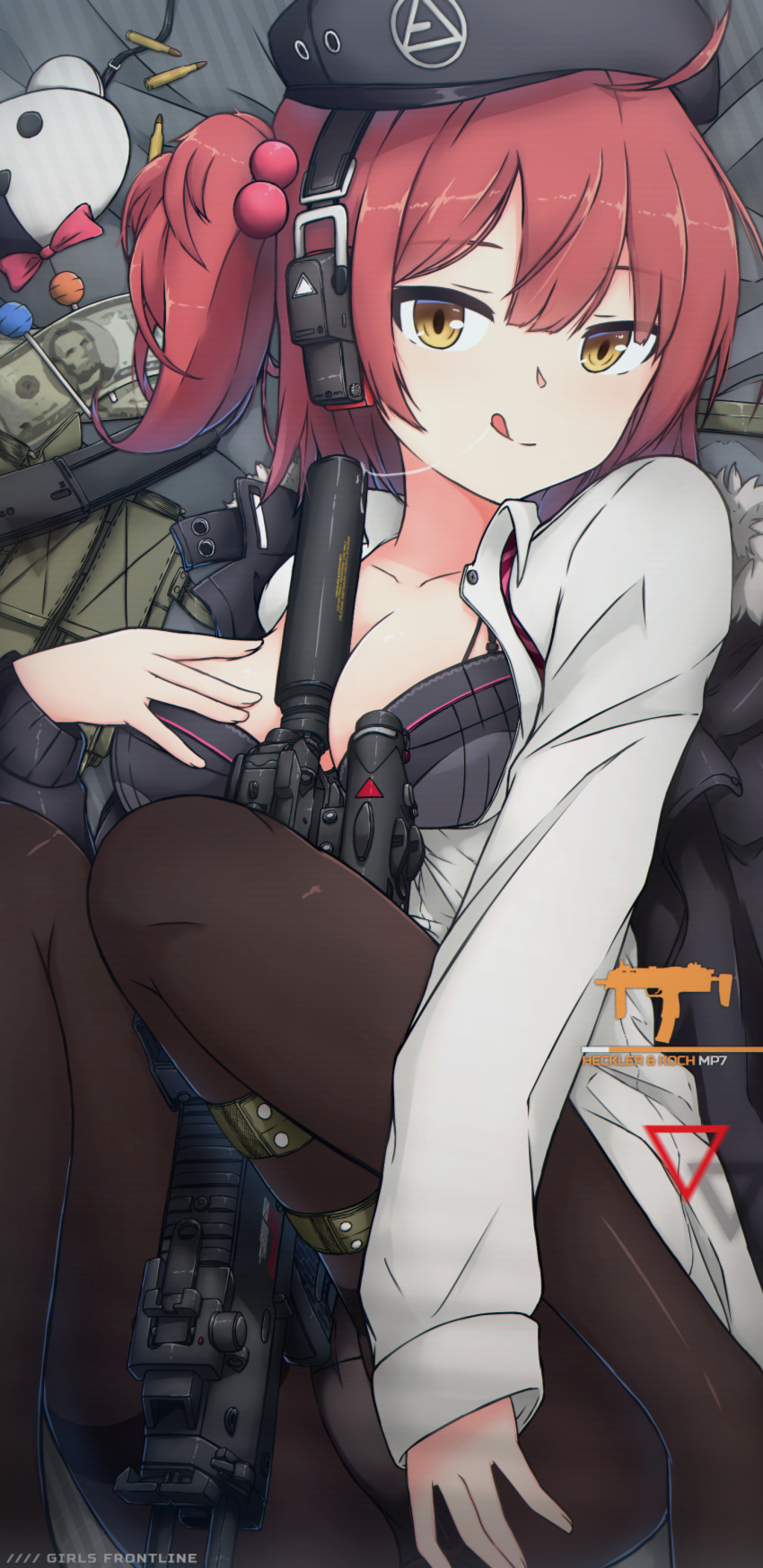 1girl, absurdres, ahoge, beret, breasts, girls_frontline, gun, h&amp;k_mp7, hat, highres, medium_breasts, mp7_(girls_frontline), pantyhose, partially_undressed, redhead, saliva, saliva_trail, short_hair, solo, submachine_gun, tongue, tongue_out, weapon, xandier59, yellow_eyes