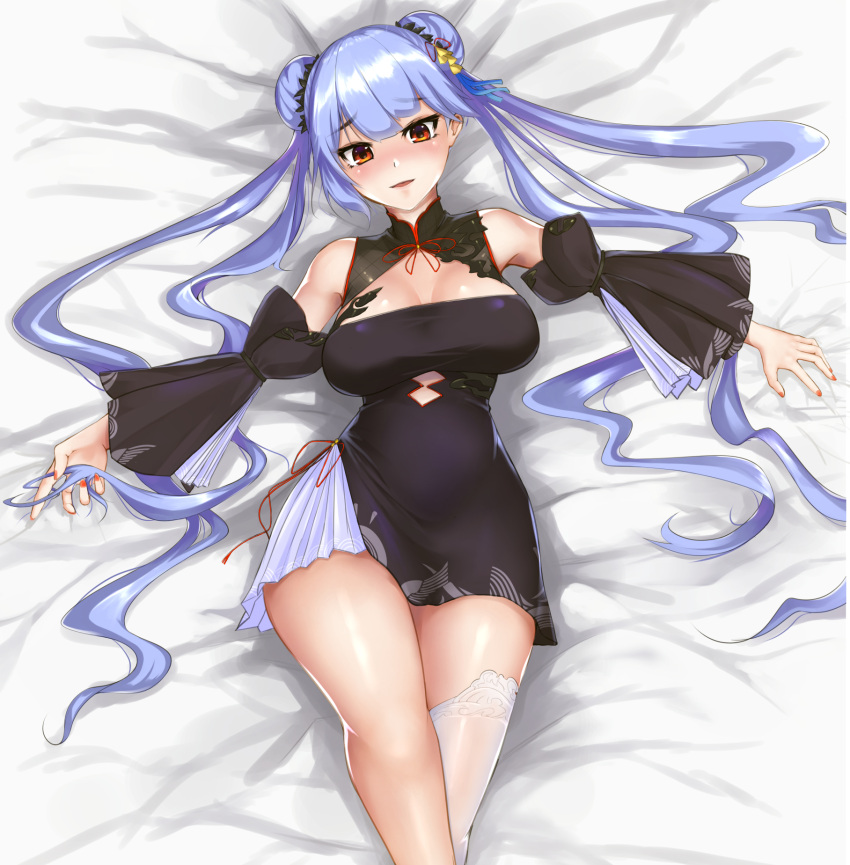 1girl, azur_lane, bare_shoulders, black_dress, blue_hair, breasts, china_dress, chinese_clothes