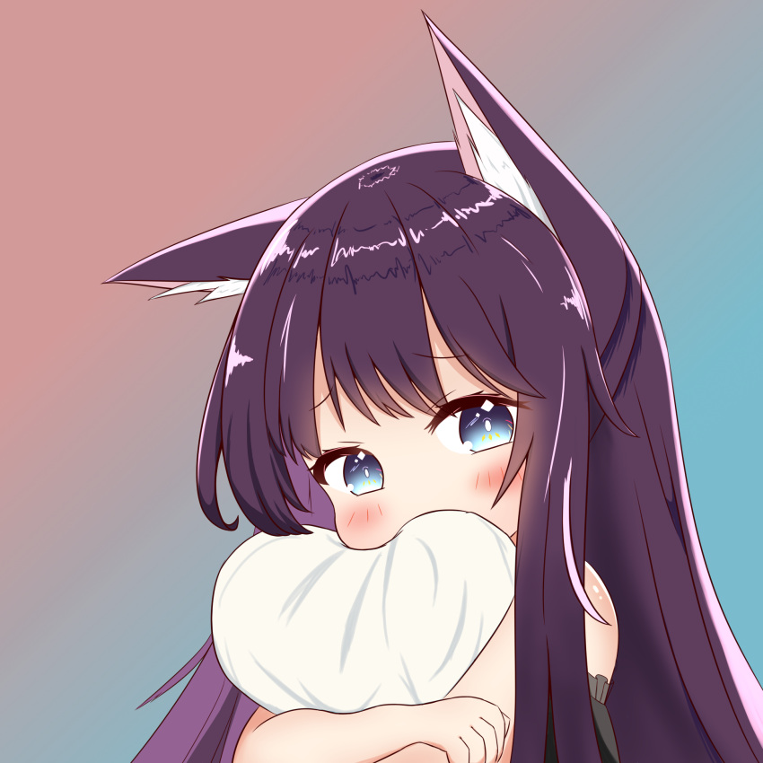 1girl, animal_ear_fluff, animal_ears, black_hair, black_negligee, blue_eyes, blush, city_cat