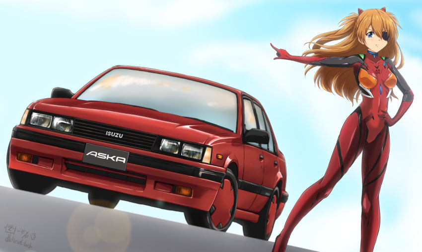 1girl, bangs, blue_eyes, bodysuit, breasts, brown_hair, car, covered_navel, diesel-turbo, dutch_angle, eyebrows_visible_through_hair, eyepatch, flat_tire, ground_vehicle, hair_between_eyes, hand_on_hip, highres, interface_headset, long_hair, looking_at_viewer, medium_breasts, motor_vehicle, neon_genesis_evangelion, pilot_suit, plugsuit, pointing, red_bodysuit, shikinami_asuka_langley, solo, souryuu_asuka_langley