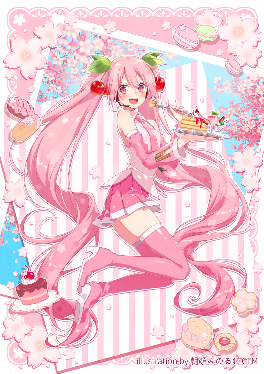 1girl, :d, artist_name, asagao_minoru, border, cake, cherry_blossoms, cherry_hair_ornament