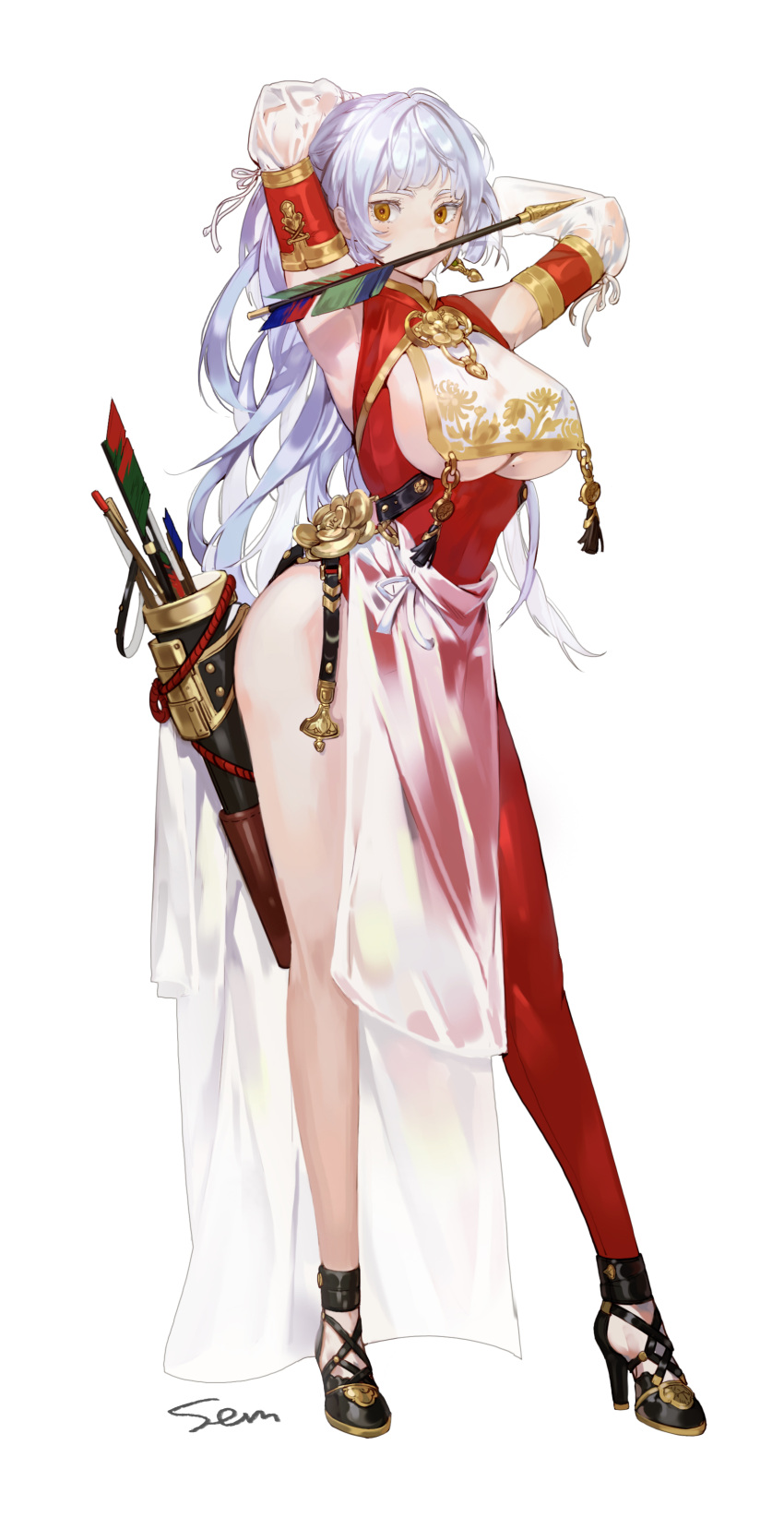 1girl, absurdres, armpits, arms_behind_head, arrow_(projectile), arrow_in_mouth, asymmetrical_legwear, bangs, black_footwear, breast_curtain, breast_cutout, breasts, contrapposto, detached_sleeves, dress, earrings, eyebrows, eyelashes, floral_print, flower, full_body, high_heels, highres, jewelry, large_breasts, long_hair, looking_to_the_side, mole, mole_on_breast, mouth_hold, o-ring, original, pelvic_curtain, quiver, red_dress, red_legwear, revealing_clothes, see-through, see-through_sleeves, sem_(honey_sv), shiny, shiny_hair, shoes, sideboob, sidelocks, signature, silver_hair, simple_background, single_leg_pantyhose, solo, standing, strap, strappy_heels, swept_bangs, tying_hair, under_boob, wavy_hair, white_background, yellow_eyes