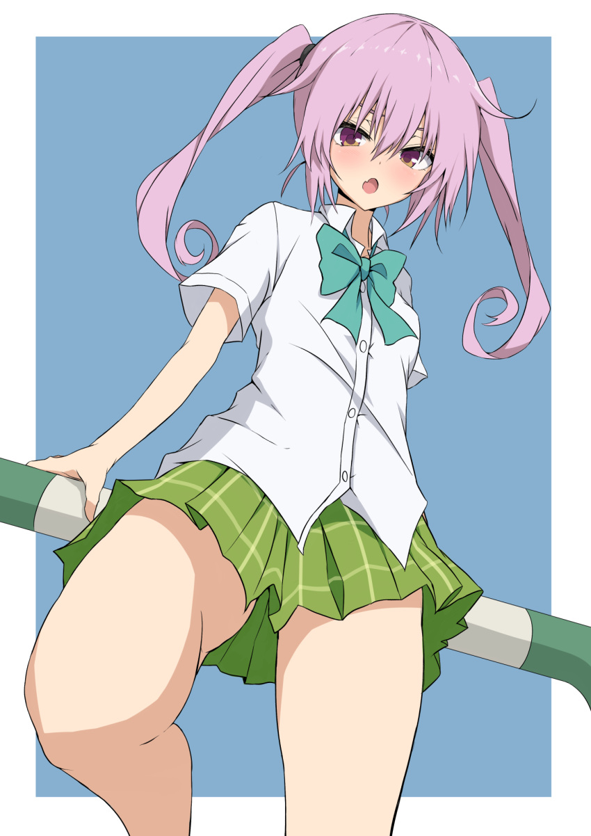 1girl, blue_background, blush, from_below, green_skirt, highres, legs, long_hair