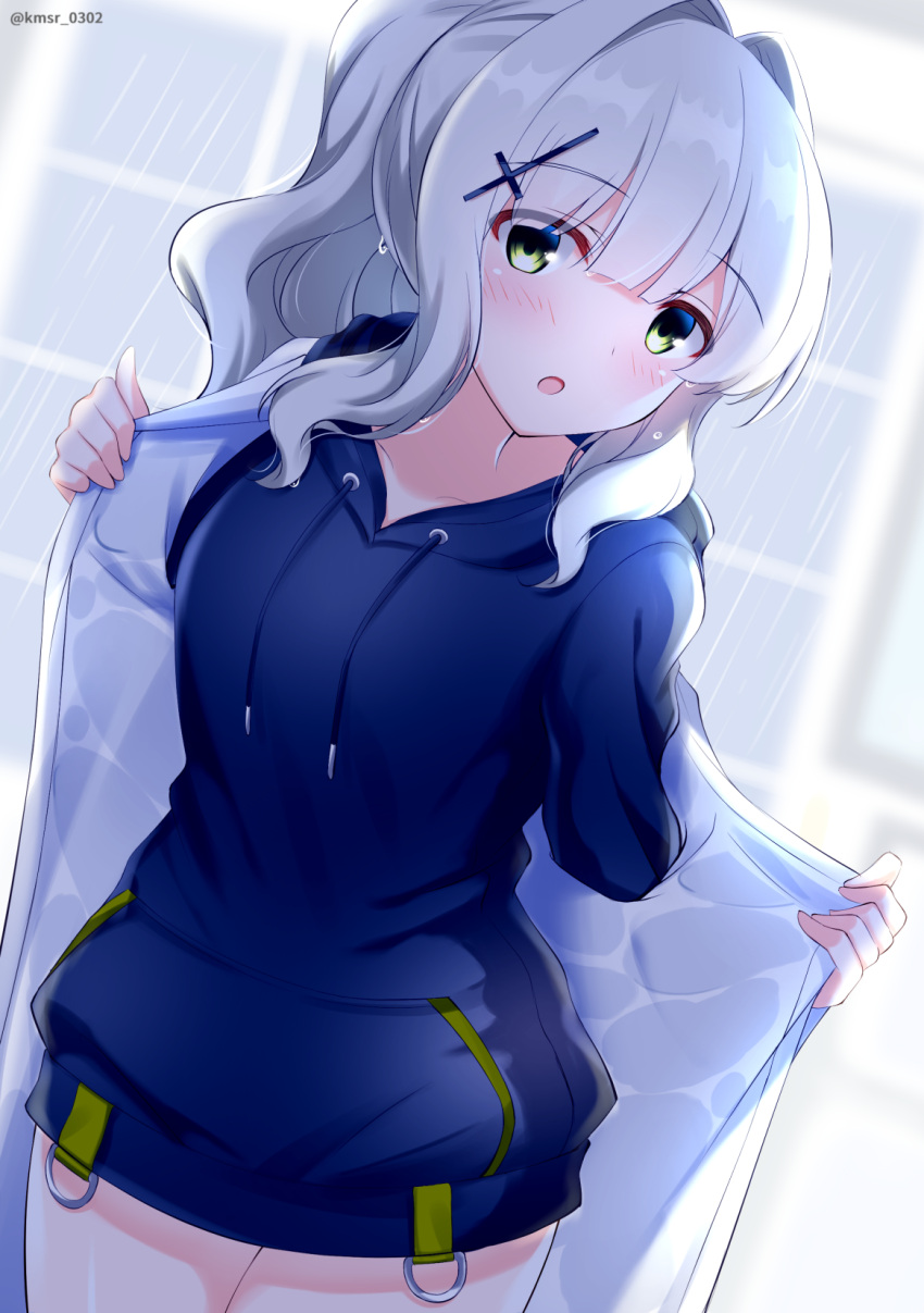 1girl, :o, bangs, blue_archive, blue_hoodie, blush, breasts, commentary_request