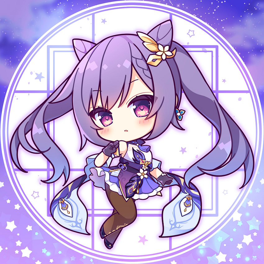 1girl, bangs, bare_shoulders, black_footwear, blush, braid, brown_legwear, chibi, commentary_request, eyebrows_visible_through_hair, flower, frilled_skirt, frills, full_body, genshin_impact, gloves, hair_cones, keqing_(genshin_impact), long_hair, looking_at_viewer, pantyhose, parted_lips, pleated_skirt, purple_gloves, purple_hair, purple_skirt, ryuuka_sane, shoes, skirt, solo, twintails, very_long_hair, violet_eyes, white_flower