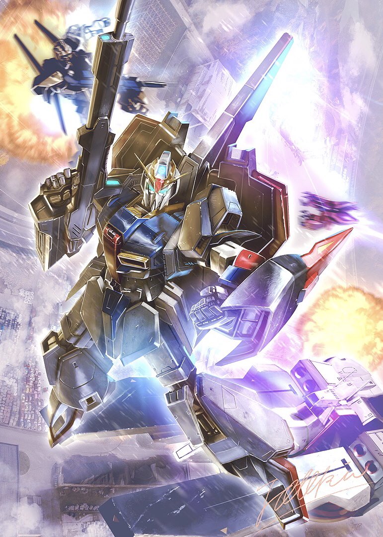 argama, beam_rifle, blue_eyes, clenched_hand, energy_gun, explosion, firing, flying