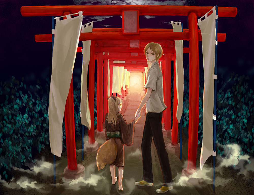 barefoot, fox_ears, fox_tail, holding_hands, japanese_clothes, kaihirow, kimono, kogitsune, natsume_takashi, natsume_yuujinchou, tail, torii