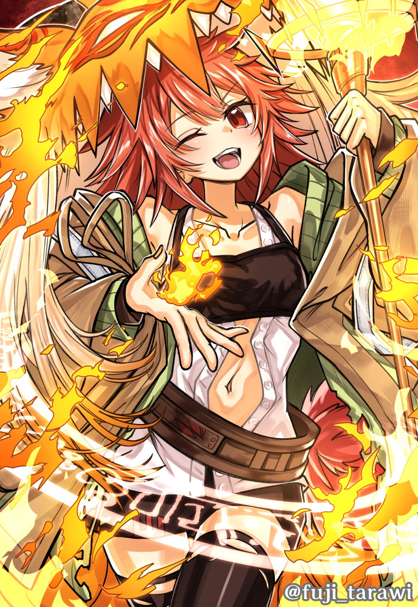 1girl, ;d, belt, brown_robe, collarbone, commentary, cowboy_shot, duel_monster, fire, fuji_tarawi, highres, hiita, holding, holding_staff, inari_fire, long_sleeves, magic_circle, miniskirt, navel, one_eye_closed, open_clothes, open_hand, open_mouth, open_robe, pelt, pom_pom_(clothes), red_eyes, redhead, robe, shirt, skirt, sleeveless, sleeveless_shirt, smile, staff, thigh-highs, torn_clothes, torn_legwear, twitter_username, unbuttoned, unbuttoned_shirt, wide_sleeves, yu-gi-oh!, zettai_ryouiki