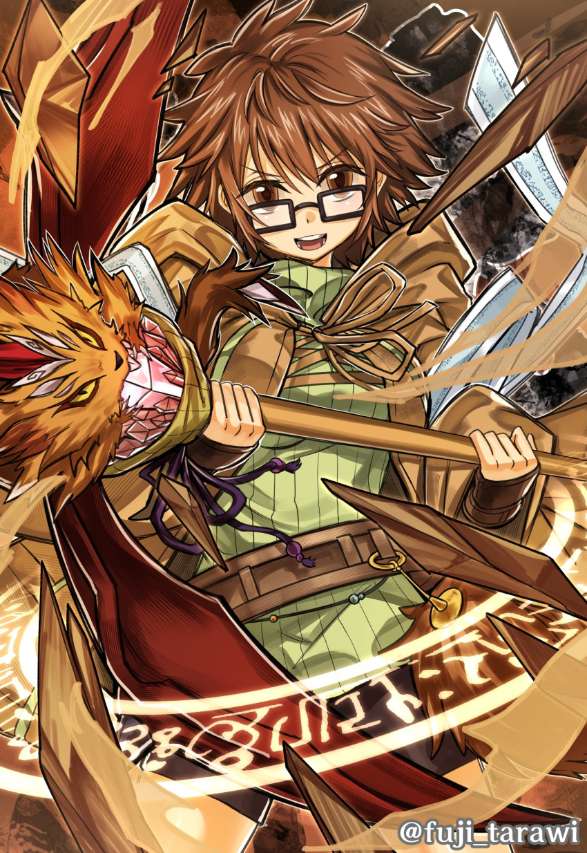 1girl, archfiend_marmot_of_nefariousness, aussa, belt, breasts, brown_eyes, brown_hair, brown_robe