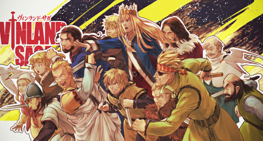 2girls, 6+boys, absurdres, beard, black_hair, blonde_hair, brown_hair, canute