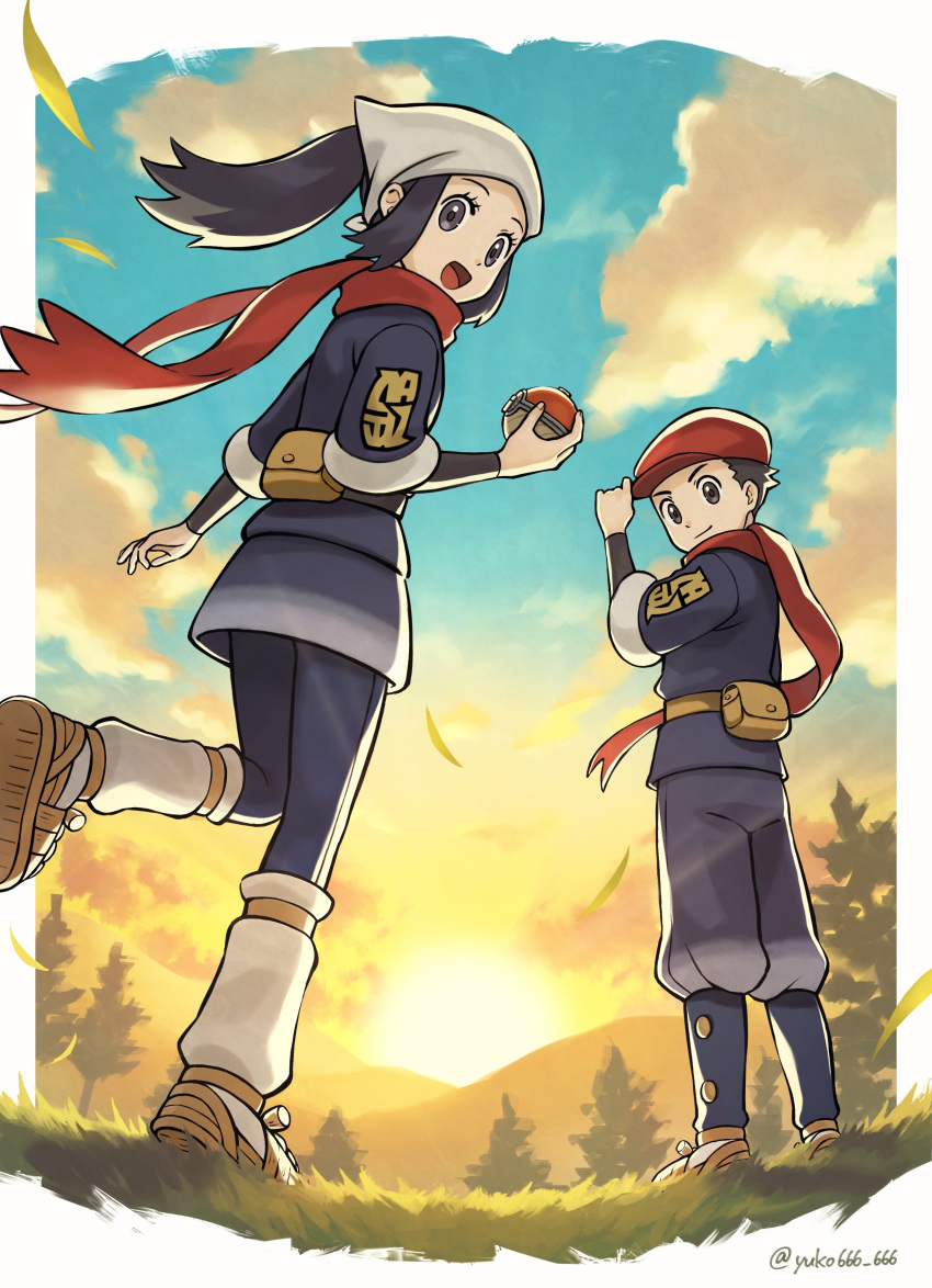 1boy, 1girl, :d, absurdres, artist_name, black_hair, clouds, commentary_request