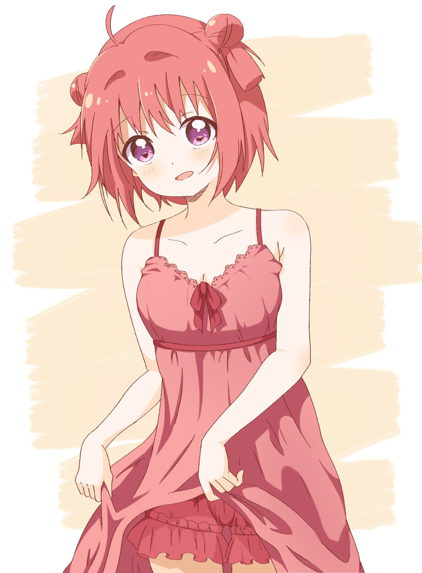 1girl, ahoge, akaza_akari, bare_shoulders, bloomers, blush, collarbone, double_bun, eyebrows_visible_through_hair, frills, highres, lingerie, looking_at_viewer, m00000st18, negligee, nightgown, open_mouth, red_bloomers, red_nightgown, redhead, shiny, shiny_hair, short_hair, solo, standing, underwear, violet_eyes, yuru_yuri