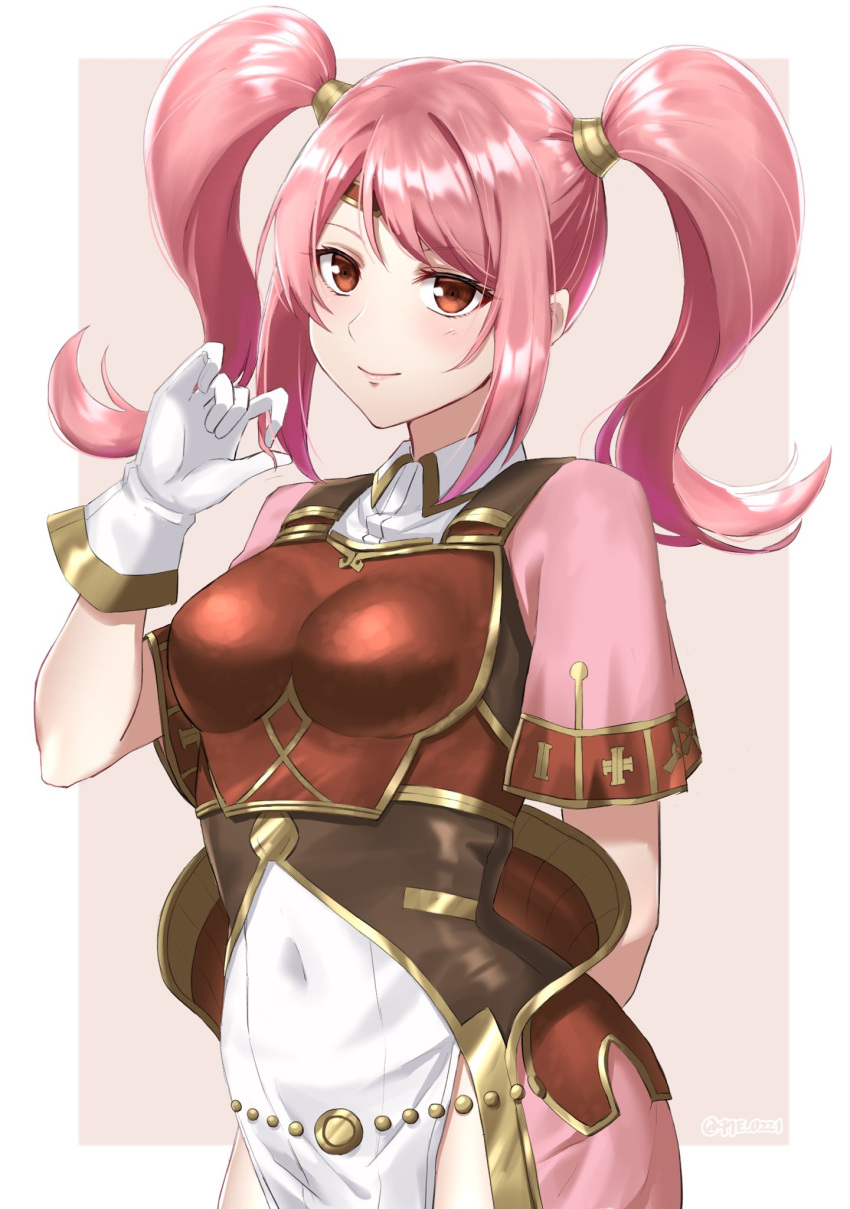 1girl, arm_behind_back, armor, bangs, breastplate, closed_mouth, collared_dress, covered_navel