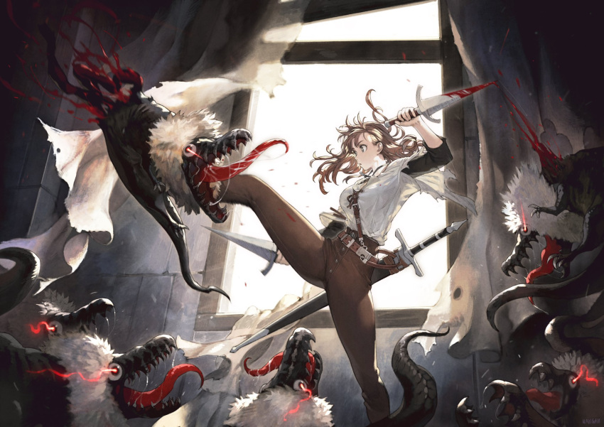 1girl, artist_name, black_shirt, blood, breasts, brown_eyes, brown_hair, brown_pants