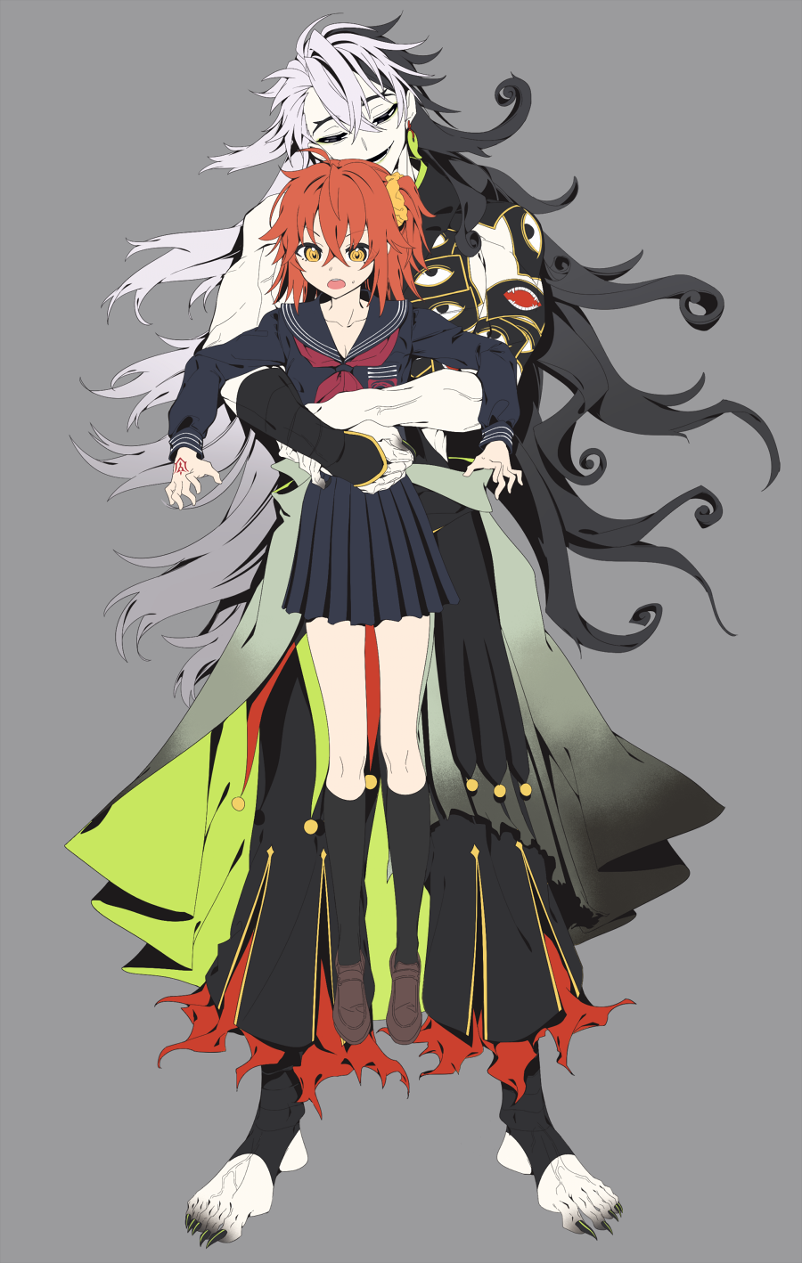1boy, 1girl, :d, ahoge, angellyuna, ascot, ashiya_douman_(fate), asymmetrical_hair