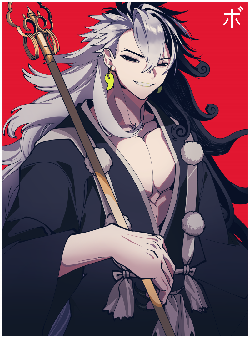 1boy, abs, alternate_costume, alternate_hairstyle, angellyuna, ashiya_douman_(fate), asymmetrical_hair, bell