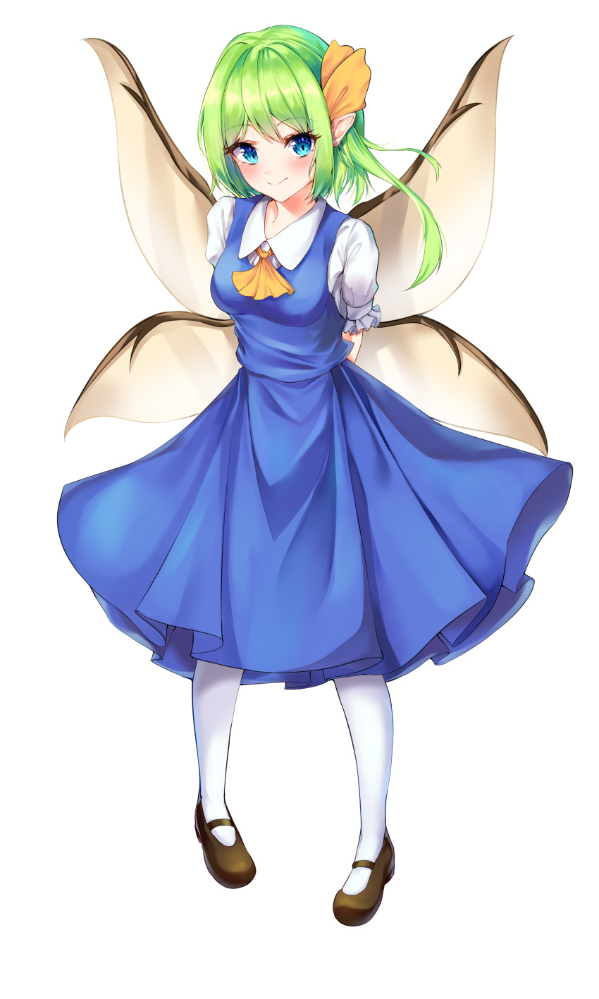 1girl, absurdres, arms_behind_back, bangs, blue_dress, blue_eyes, blush, breasts