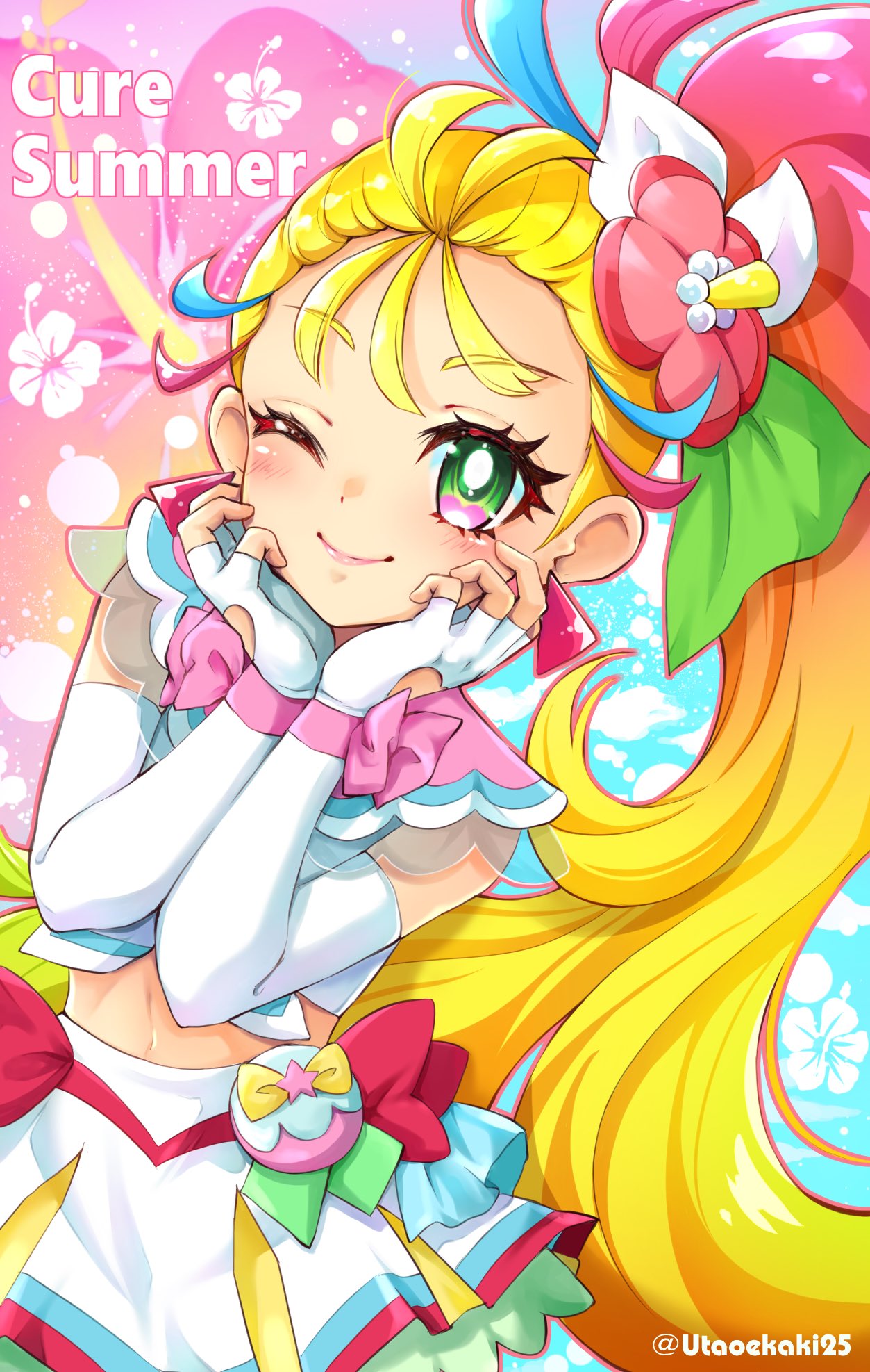 1girl, ;), blonde_hair, blush, character_name, closed_mouth, cure_summer, earrings