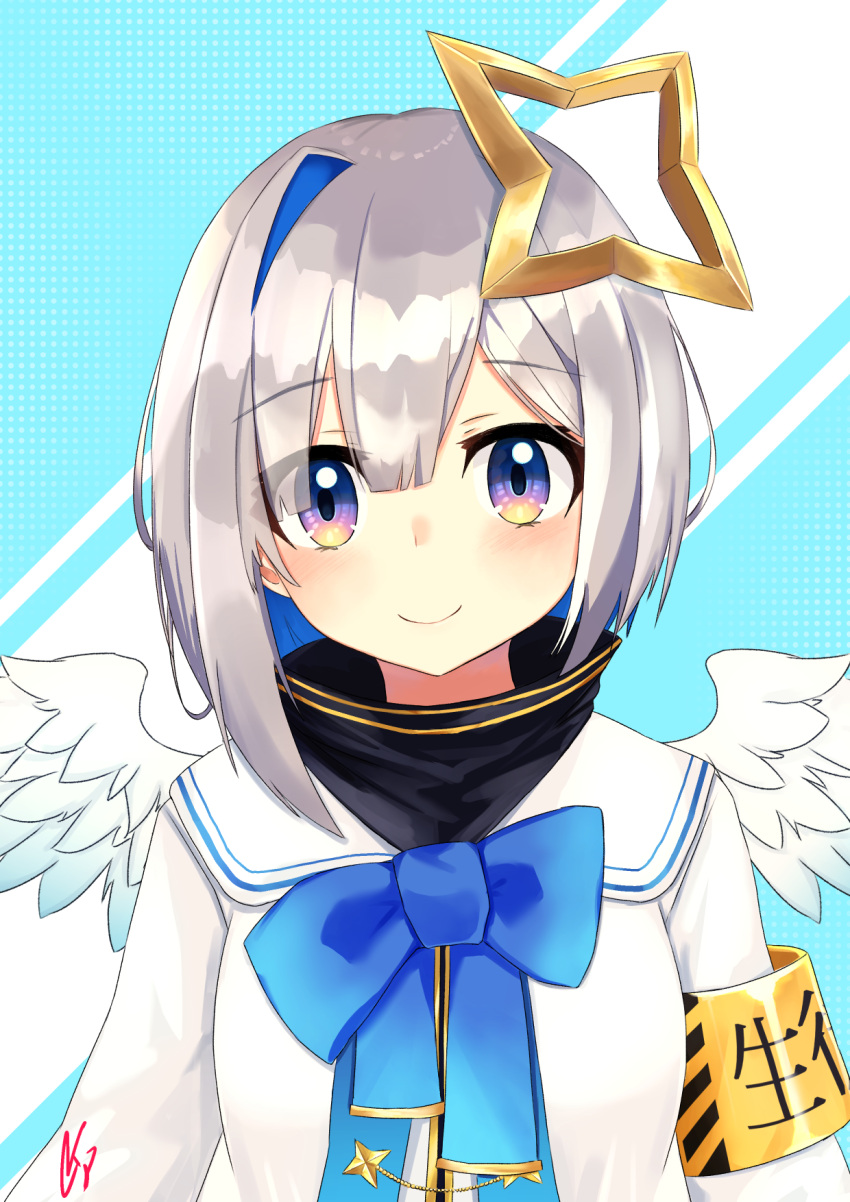 1girl, amane_kanata, angel, angel_wings, armband, asymmetrical_hair, bangs, blue_eyes